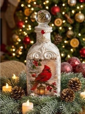 Holiday Cardinal Decorative Bottle - White and Red Christmas Accent
